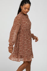 Rust Print Chiffon Long Sleeve Dress