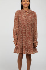 Rust Print Chiffon Long Sleeve Dress