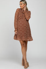 Rust Print Chiffon Long Sleeve Maternity Dress