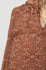 Rust Print Chiffon Long Sleeve Maternity Dress