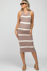 Taupe Striped Ribbed Maternity Midi Dress