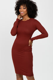 Burgundy Ribbed Fitted Long Sleeve Dress