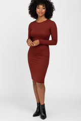 Burgundy Ribbed Fitted Long Sleeve Dress