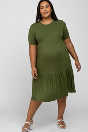 Olive Ribbed Tiered Maternity Plus Dress