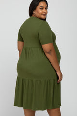 Olive Ribbed Tiered Maternity Plus Dress