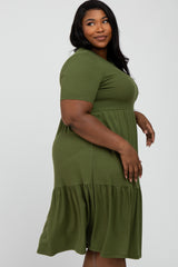 Olive Ribbed Tiered Plus Dress