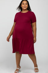 Burgundy Ribbed Tiered Maternity Plus Dress