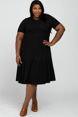 Black Ribbed Tiered Plus Dress