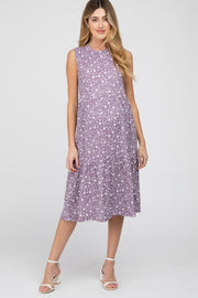 Purple Floral Ribbed Tiered Maternity Midi Dress