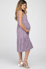 Purple Floral Ribbed Tiered Maternity Midi Dress