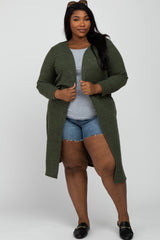 Olive Heathered Ribbed Side Slit Long Plus Cardigan