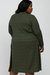 Olive Heathered Ribbed Side Slit Long Plus Cardigan