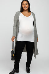 Beige Heathered Ribbed Side Slit Long Plus Maternity Cardigan