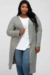 Beige Heathered Ribbed Side Slit Long Plus Cardigan