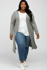 Beige Heathered Ribbed Side Slit Long Plus Cardigan