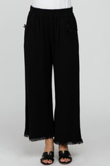 Black Linen Frayed Hem Crop Pants