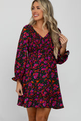 Black Floral Smocked Front Ruffle Trim Maternity Dress