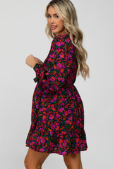 Black Floral Smocked Front Ruffle Trim Maternity Dress