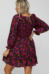 Black Floral Smocked Front Ruffle Trim Maternity Dress