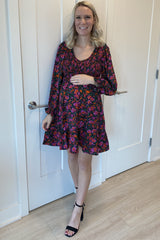 Black Floral Smocked Front Ruffle Trim Maternity Dress