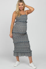 Navy Leaf Print Smocked Fitted Maternity Midi Dress