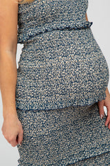 Navy Leaf Print Smocked Fitted Maternity Midi Dress