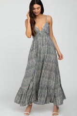 Navy Printed Tie Back Maxi Dress