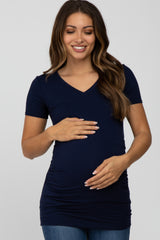 Navy Blue V-Neck Ruched Side Maternity Top