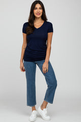 Navy Blue V-Neck Ruched Side Top