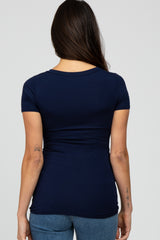 Navy Blue V-Neck Ruched Side Top