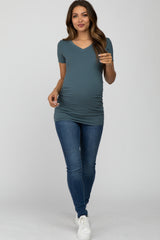 Teal V-Neck Ruched Side Maternity Top