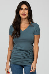 Teal V-Neck Ruched Side Maternity Top