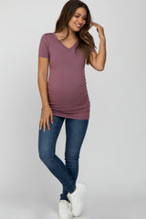 Mauve V-Neck Ruched Side Maternity Top