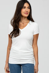 Ivory V-Neck Ruched Side Top