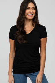 Black V-Neck Ruched Side Top