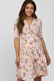 Light Pink Floral Waist Tie Maternity Dress