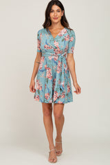 Mint Green Floral Waist Tie Dress