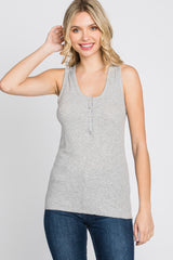 Heather Grey Ribbed Button Front Tank Top