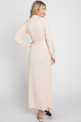 Beige Button Accent Collared Maxi Dress