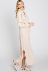 Beige Button Accent Collared Maxi Dress