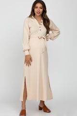 Beige Button Accent Collared Maternity Maxi Dress