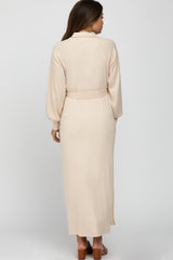 Beige Button Accent Collared Maternity Maxi Dress