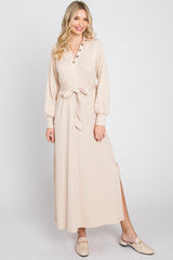 Beige Button Accent Collared Maxi Dress