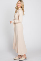 Beige Button Accent Collared Maxi Dress