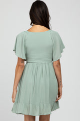 Mint Green Smocked Front Ruffle Hem Dress