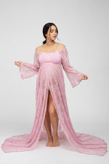 Pink Lace Off Shoulder Maternity Photoshoot Gown/Dress