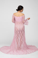 Pink Lace Off Shoulder Maternity Photoshoot Gown/Dress