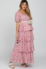 Pink Floral Square Neck Ruffle Layered Maternity Maxi Dress