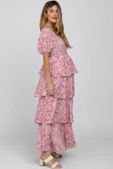 Pink Floral Square Neck Ruffle Layered Maternity Maxi Dress