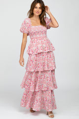 Pink Floral Square Neck Ruffle Layered Maternity Maxi Dress